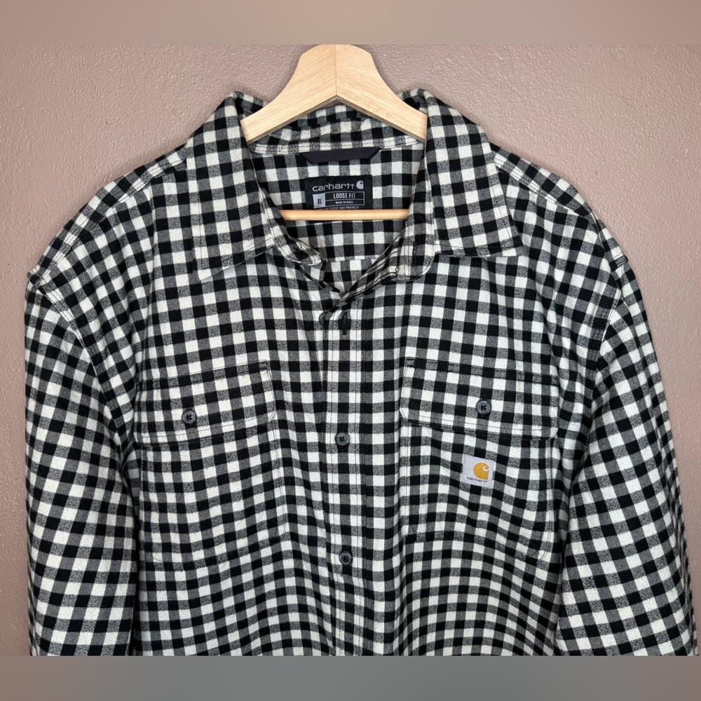 Carhartt Men's Loose Fit Plaid Flannel Long Sleeve Black & White Button Up XL - Picture 8 of 15